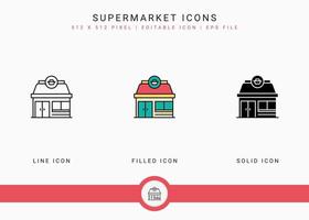 les icônes de supermarché définissent une illustration vectorielle avec un style de ligne d'icône solide. concept de vente au détail de magasin en ligne. icône de trait modifiable sur fond isolé pour la conception Web, l'interface utilisateur et l'application mobile vecteur