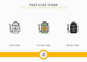 les icônes de pesticides définissent une illustration vectorielle avec un style de ligne d'icône solide. concept d'agriculture de jardinage de plantes. icône de trait modifiable sur fond isolé pour la conception Web, l'interface utilisateur et l'application mobile vecteur