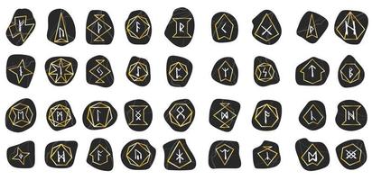 rune de craie de cire. ensemble de pierre de texture noire doodle avec cadre dégradé d'or. glyphes mystiques, ésotériques, occultes, magiques. pour l'interface de jeu. vecteur