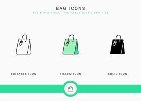 les icônes de sac définissent l'illustration vectorielle avec un style de ligne d'icône solide. concept de vente au détail de magasin en ligne. icône de trait modifiable sur fond isolé pour la conception Web, l'interface utilisateur et l'application mobile vecteur