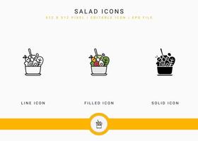 les icônes de la salade définissent une illustration vectorielle avec un style de ligne d'icône solide. concept d'ingrédients végétaliens sains. icône de trait modifiable sur fond blanc isolé pour la conception Web, l'interface utilisateur et l'application mobile