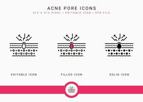 les icônes de pores d'acné définissent une illustration vectorielle avec un style de ligne d'icône solide. concept d'inflammation de la peau de la couche. icône de trait modifiable sur fond isolé pour la conception Web, l'interface utilisateur et l'application mobile vecteur