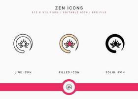 les icônes zen définissent une illustration vectorielle avec un style de ligne d'icône solide. concept d'énergie méditant. icône de trait modifiable sur fond isolé pour la conception Web, l'interface utilisateur et l'application mobile