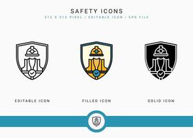 les icônes de sécurité définissent une illustration vectorielle avec un style de ligne d'icône solide. concept d'accident de travail sécurisé. icône de trait modifiable sur fond isolé pour la conception Web, l'interface utilisateur et l'application mobile vecteur