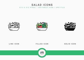 les icônes de salade définissent une illustration vectorielle avec un style de ligne d'icône solide. concept de nutrition de régime végétal. icône de trait modifiable sur fond blanc isolé pour la conception Web, l'interface utilisateur et l'application mobile vecteur