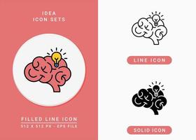les icônes d'idée définissent une illustration vectorielle avec un style de ligne d'icône solide. symbole du cerveau et de l'ampoule. icône de trait modifiable sur fond isolé pour la conception Web, l'interface utilisateur et l'application mobile vecteur