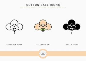 les icônes de boule de coton définissent une illustration vectorielle avec un style de ligne d'icône solide. concept de fleur de coton. icône de trait modifiable sur fond isolé pour la conception Web, l'interface utilisateur et l'application mobile vecteur