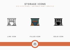 les icônes de stockage définissent l'illustration vectorielle avec un style de ligne d'icône solide. notion de service de livraison. icône de trait modifiable sur fond isolé pour la conception Web, l'interface utilisateur et l'application mobile vecteur