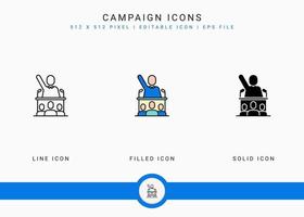 les icônes de campagne définissent une illustration vectorielle avec un style de ligne d'icône solide. concept d'élection publique du gouvernement. icône de trait modifiable sur fond isolé pour la conception Web, l'interface utilisateur et l'application mobile vecteur