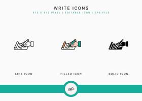 écrire des icônes définir une illustration vectorielle avec un style de ligne d'icône solide. concept d'histoire de texte de journaliste. icône de trait modifiable sur fond isolé pour la conception Web, l'interface utilisateur et l'application mobile vecteur