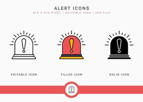 les icônes d'alerte définissent une illustration vectorielle avec un style de ligne d'icône solide. concept de mise en garde de point d'exclamation. icône de trait modifiable sur fond isolé pour la conception Web, l'interface utilisateur et l'application mobile vecteur