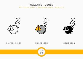 les icônes de danger définissent l'illustration vectorielle avec un style de ligne d'icône solide. concept d'alerte de point d'exclamation. icône de trait modifiable sur fond isolé pour la conception Web, l'interface utilisateur et l'application mobile vecteur