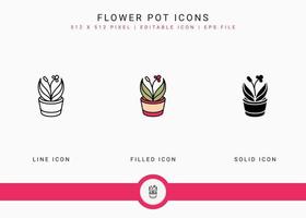 les icônes de pot de fleurs définissent une illustration vectorielle avec un style de ligne d'icône solide. concept d'agriculture de jardinage de plantes. icône de trait modifiable sur fond isolé pour la conception Web, l'interface utilisateur et l'application mobile vecteur