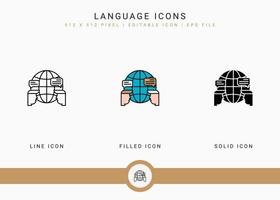 les icônes de langue définissent l'illustration vectorielle avec un style de ligne d'icône solide. concept de publication de texte de journaliste. icône de trait modifiable sur fond isolé pour la conception Web, l'interface utilisateur et l'application mobile vecteur