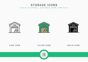 les icônes de stockage définissent l'illustration vectorielle avec un style de ligne d'icône solide. notion de service de livraison. icône de trait modifiable sur fond isolé pour la conception Web, l'interface utilisateur et l'application mobile vecteur