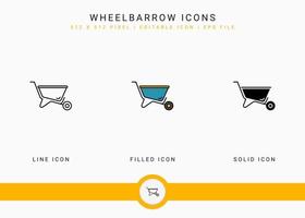 les icônes de la brouette définissent l'illustration vectorielle avec un style de ligne d'icône solide. concept d'agriculture de jardinage de plantes. icône de trait modifiable sur fond isolé pour la conception Web, l'interface utilisateur et l'application mobile vecteur