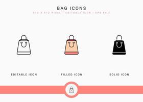 les icônes de sac définissent l'illustration vectorielle avec un style de ligne d'icône solide. concept de vente au détail de magasin en ligne. icône de trait modifiable sur fond isolé pour la conception Web, l'interface utilisateur et l'application mobile vecteur