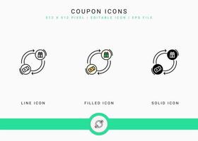 les icônes de coupon définissent une illustration vectorielle avec un style de ligne d'icône solide. concept de récompense des membres de fidélité. icône de trait modifiable sur fond isolé pour la conception Web, l'interface utilisateur et l'application mobile vecteur