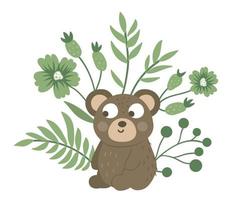 vecteur bébé ours plat dessiné à la main avec des feuilles, des brindilles et des fleurs. scène amusante avec un animal des bois. jolie illustration animale de la forêt pour la conception, l'impression, la papeterie des enfants