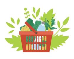 vecteur panier rouge avec icône de produits isolé sur fond avec des feuilles vertes. chariot de magasin en plastique avec légumes, fruits, eau. illustration d'aliments sains. concept naturel biologique