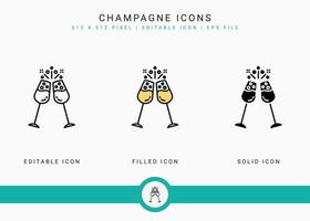 les icônes de champagne définissent une illustration vectorielle avec un style de ligne d'icône solide. concept effervescent de bulle de soda. icône de trait modifiable sur fond isolé pour la conception Web, l'infographie et l'application mobile ui.