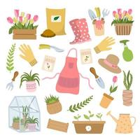 équipement de jardin de printemps, clipart de fleurs et de plantes en pot. isolé sur fond blanc. idéal pour les autocollants, la décoration, les impressions. vecteur