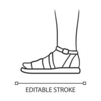 icône linéaire de sandales. conception de chaussures élégantes femme. chaussures décontractées pour femmes, appartements d'été modernes avec bride à la cheville. illustration de la ligne mince. trait modifiable. symbole de contour. dessin de contour isolé de vecteur