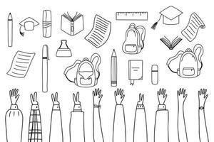 fournitures scolaires et ensemble d'articles isolés sur fond blanc. retour à l'école . accessoires d'espace de travail d'éducation. illustration vectorielle style doodle. les mains en l'air. vecteur