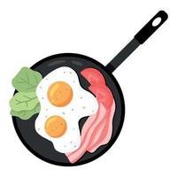 oeufs brouillés sur une poêle. œufs au plat avec légumes et bacon. illustration vectorielle en style cartoon. délicieux petit déjeuner anglais. omelette à la tomate et au bacon. vecteur