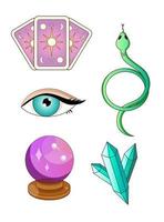 dessin d'un ensemble d'éléments magiques. cartes de tarot, boule magique, œil humain, serpent, cristaux. illustration vectorielle.