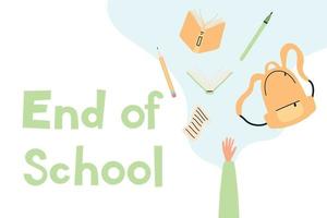 notion d'éducation. Fin de l'école. un écolier lance des objets scolaires en l'air. style plat. illustration vectorielle.