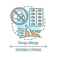 icône de concept d'allergie aux médicaments. réaction allergique aux médicaments idée illustration de la ligne mince. urticaire, démangeaisons de la peau, éruption cutanée sur la main. les pilules ont des effets secondaires. dessin de contour isolé de vecteur. trait modifiable vecteur