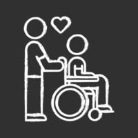 les personnes handicapées aident l'icône de la craie. responsabilité bénévole auprès des personnes handicapées. aide aux personnes handicapées. soins infirmiers. l'homme porte invalide en fauteuil roulant. illustration de tableau vectoriel isolé