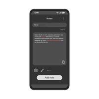 note prenant le modèle de vecteur d'interface d'application. mise en page de conception noire de l'interface de l'application mobile. application de rappel pour smartphone. interface utilisateur plate. écran du téléphone avec texte de note