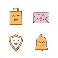 ensemble d'icônes de couleur d'éléments souriants. personnages. heureux sac à provisions, bouclier, cloche, lettre. illustrations vectorielles isolées vecteur