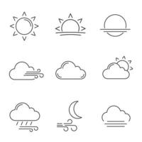 ensemble d'icônes linéaires de prévisions météorologiques. soleil, lever de soleil, coucher de soleil, vent, nuage, temps partiellement nuageux, pluie battante, nuit venteuse, brouillard. symboles de contour. illustrations vectorielles isolées. trait modifiable vecteur