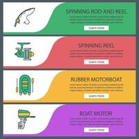 ensemble de modèles de bannière web de pêche. canne à lancer et moulinet, bateau à moteur. éléments de menu de couleur du site Web. concepts de conception d'en-têtes vectoriels vecteur