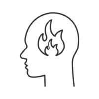 tête humaine avec flamme à l'intérieur de l'icône linéaire. pensées brûlantes. illustration de la ligne mince. mal de crâne. symbole de contour. dessin de contour isolé de vecteur