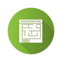icône de glyphe d'ombre longue de conception plate de plan d'évacuation. plan d'évacuation en cas d'incendie. illustration vectorielle silhouette vecteur