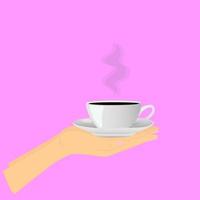 mains tenant une tasse de thé chaud isolé sur fond rose. vecteur