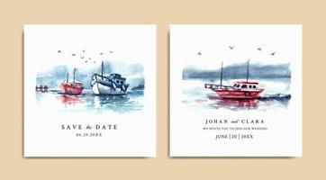 invitation de mariage aquarelle de paysage naturel avec bateau sur mer vecteur