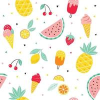 motif de fruits d'été et de crème glacée. arrière-plan harmonieux de vecteur mignon avec ananas, pastèque, citron, orange, fraise, cornet de crème glacée, popsicle.