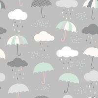 motif vectoriel mignon avec des parapluies, des nuages et des gouttes de pluie. arrière-plan transparent de style scandinave.