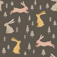 modèle vectoriel de lapin avec des arbres. impression sans couture de forêt. illustration boisée avec des lapins vintage dessinés à la main.
