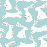 motif vectoriel de lapin mignon. lapins blancs dessinés à la main sur fond bleu. impression sans couture de pâques de printemps.