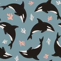 motif mignon sans couture orque ou épaulard et coraux. illustration sous-marine pour la conception d'enfants, tissu, textile vecteur