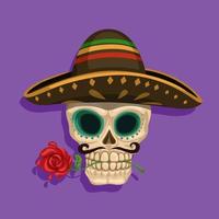 crâne porter chapeau mexicain et fleur rose symbole mascotte festival traditionnel dessin animé illustration vecteur