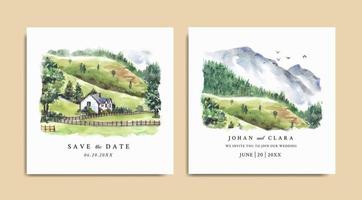 invitation de mariage aquarelle de paysage naturel avec maison et montagne vecteur