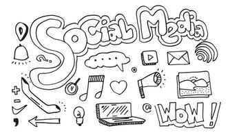dessin au trait vectoriel doodle ensemble d'objets et de symboles sur le thème des médias sociaux.