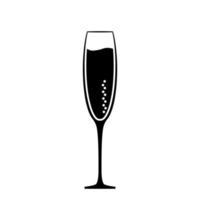 verre gracieux avec icône champagne et bulles. plats en cristal allongés noirs avec symbole de boisson d'élite de vacances et anniversaire de vecteur romantique